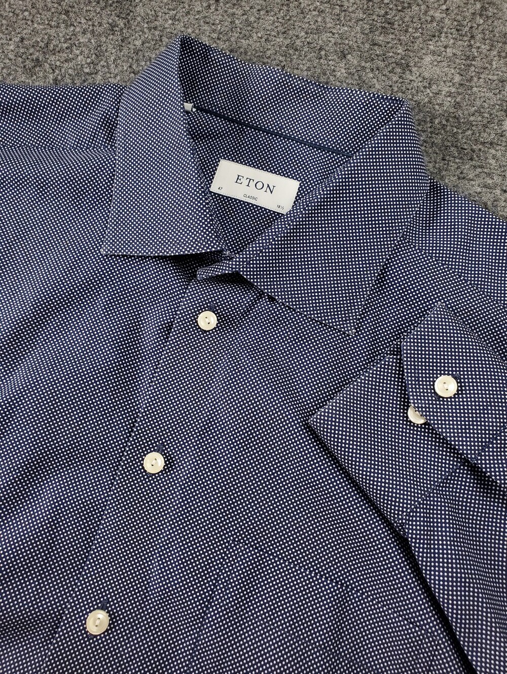 Eton Cambridge Twill Dress Shirt 18.5 Classic Navy Blue Polka Dot Spread Collar